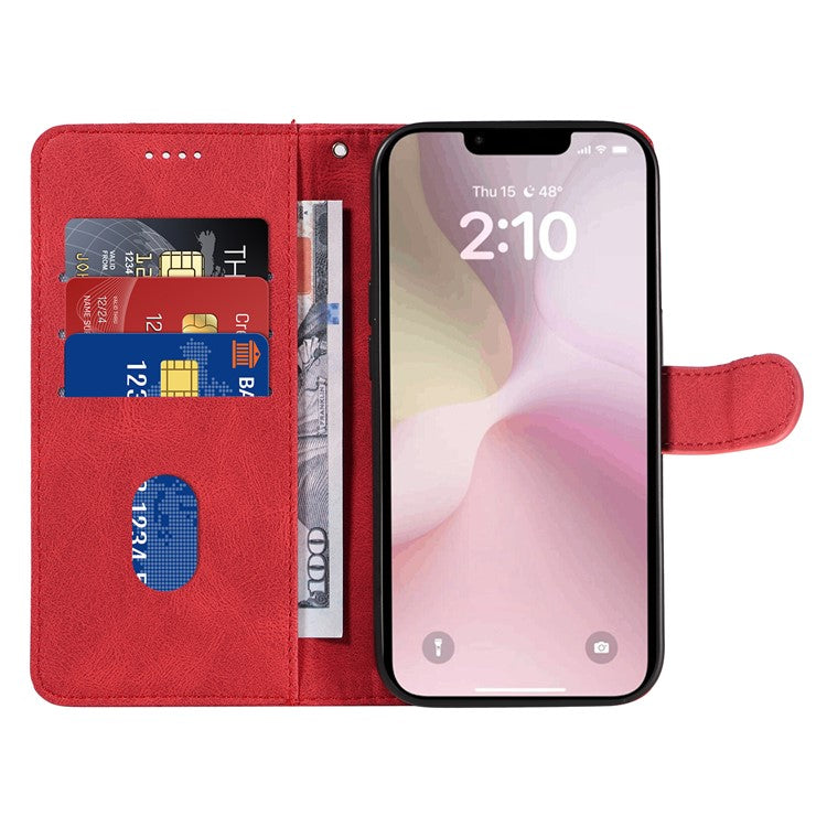 For iPhone 16e Case Curved Line Imprinted PU Leather Wallet Phone Cover - Red