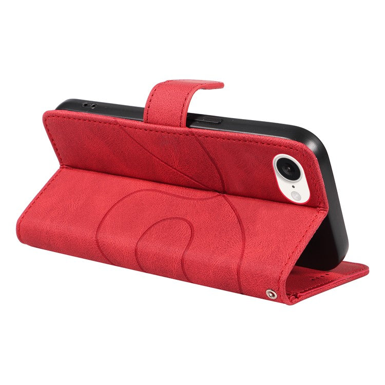 For iPhone 16e Case Curved Line Imprinted PU Leather Wallet Phone Cover - Red