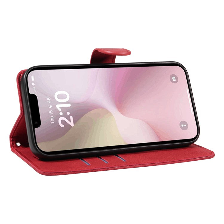 For iPhone 16e Case Curved Line Imprinted PU Leather Wallet Phone Cover - Red