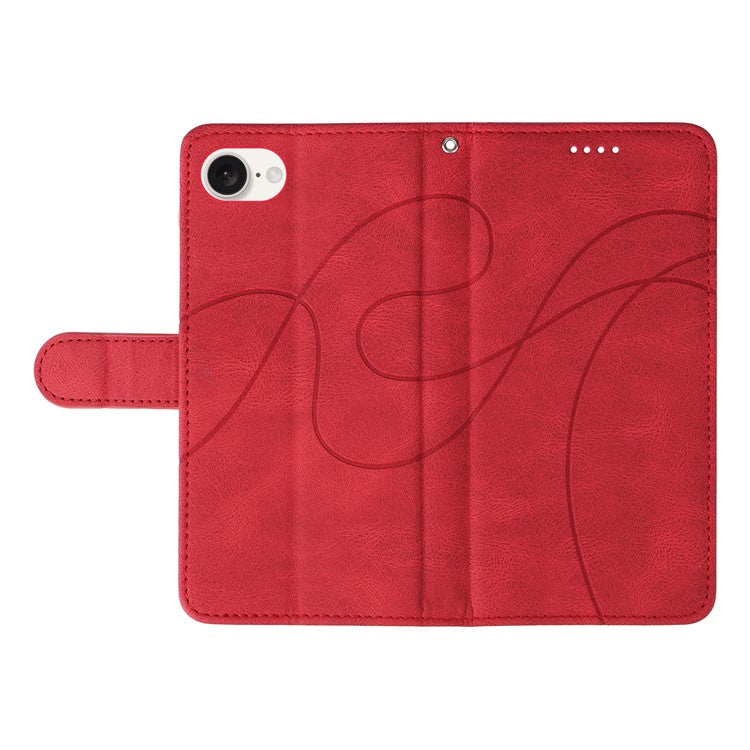 For iPhone 16e Case Curved Line Imprinted PU Leather Wallet Phone Cover - Red