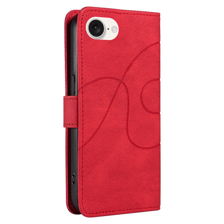 For iPhone 16e Case Curved Line Imprinted PU Leather Wallet Phone Cover - Red