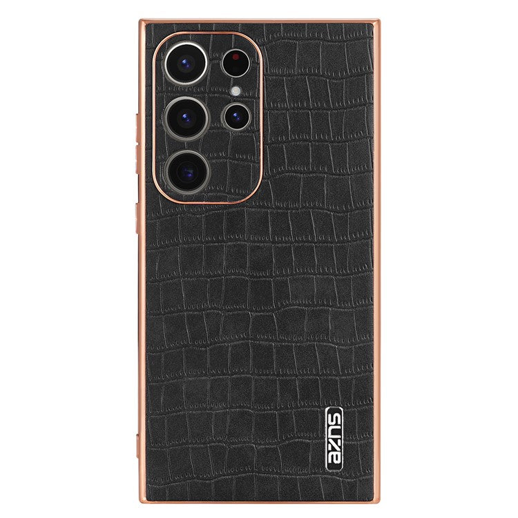 AZNS For Samsung Galaxy S23 Ultra Case Electroplated Crocodile Texture Leather+TPU Phone Cover - Black