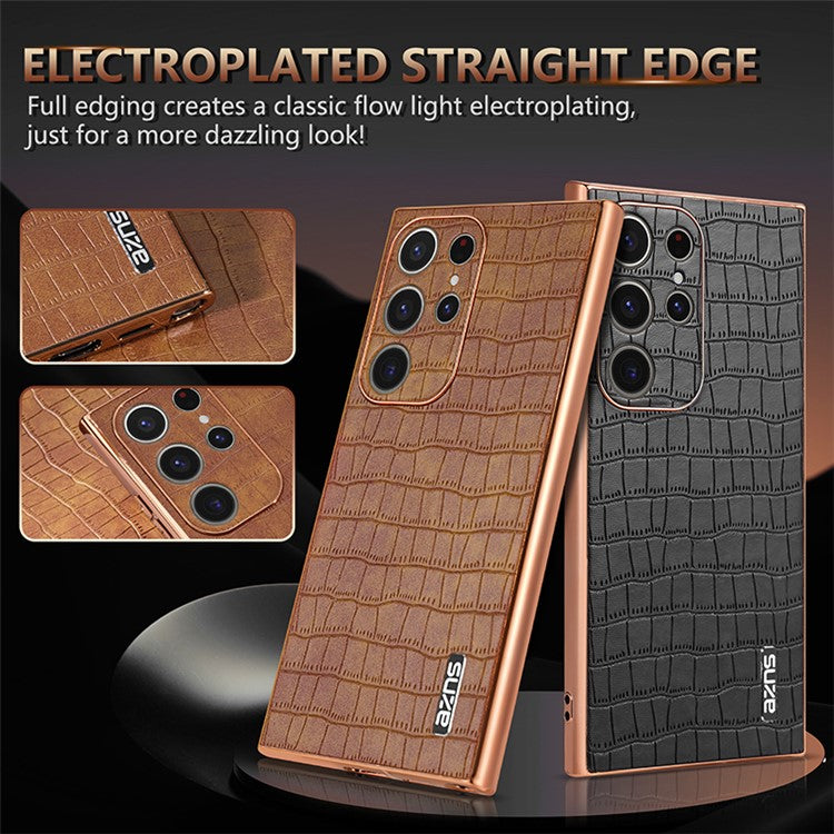 AZNS For Samsung Galaxy S23 Ultra Case Electroplated Crocodile Texture Leather+TPU Phone Cover - Black