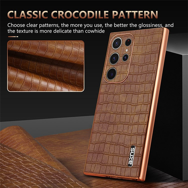 AZNS For Samsung Galaxy S23 Ultra Case Electroplated Crocodile Texture Leather+TPU Phone Cover - Black
