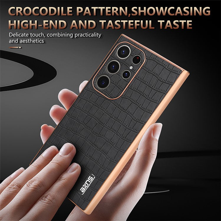 AZNS For Samsung Galaxy S23 Ultra Case Electroplated Crocodile Texture Leather+TPU Phone Cover - Black