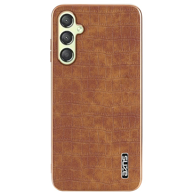 AZNS For Samsung Galaxy M14 5G Case Electroplating Crocodile Texture Leather Coated TPU Phone Cover - Brown