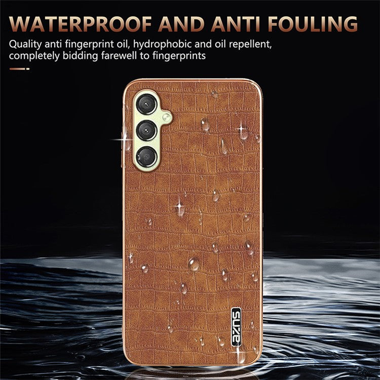 AZNS For Samsung Galaxy M14 5G Case Electroplating Crocodile Texture Leather Coated TPU Phone Cover - Brown