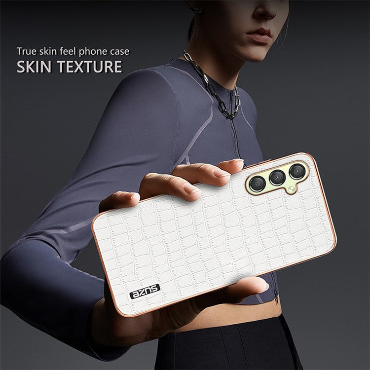 AZNS For Samsung Galaxy M14 5G Case Electroplating Crocodile Texture Leather Coated TPU Phone Cover - White
