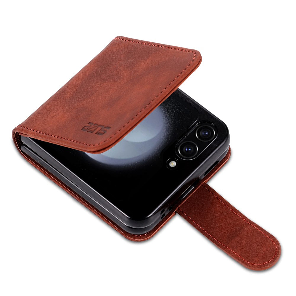 AZNS For Samsung Galaxy Z Flip7 FE 5G / Z Flip6 5G Case Ultra Thin Leather Phone Cover with Card Holder - Brown