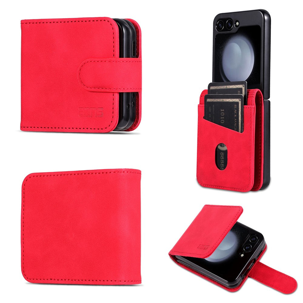 AZNS For Samsung Galaxy Z Flip7 FE 5G / Z Flip6 5G Case Ultra Thin Leather Phone Cover with Card Holder - Red