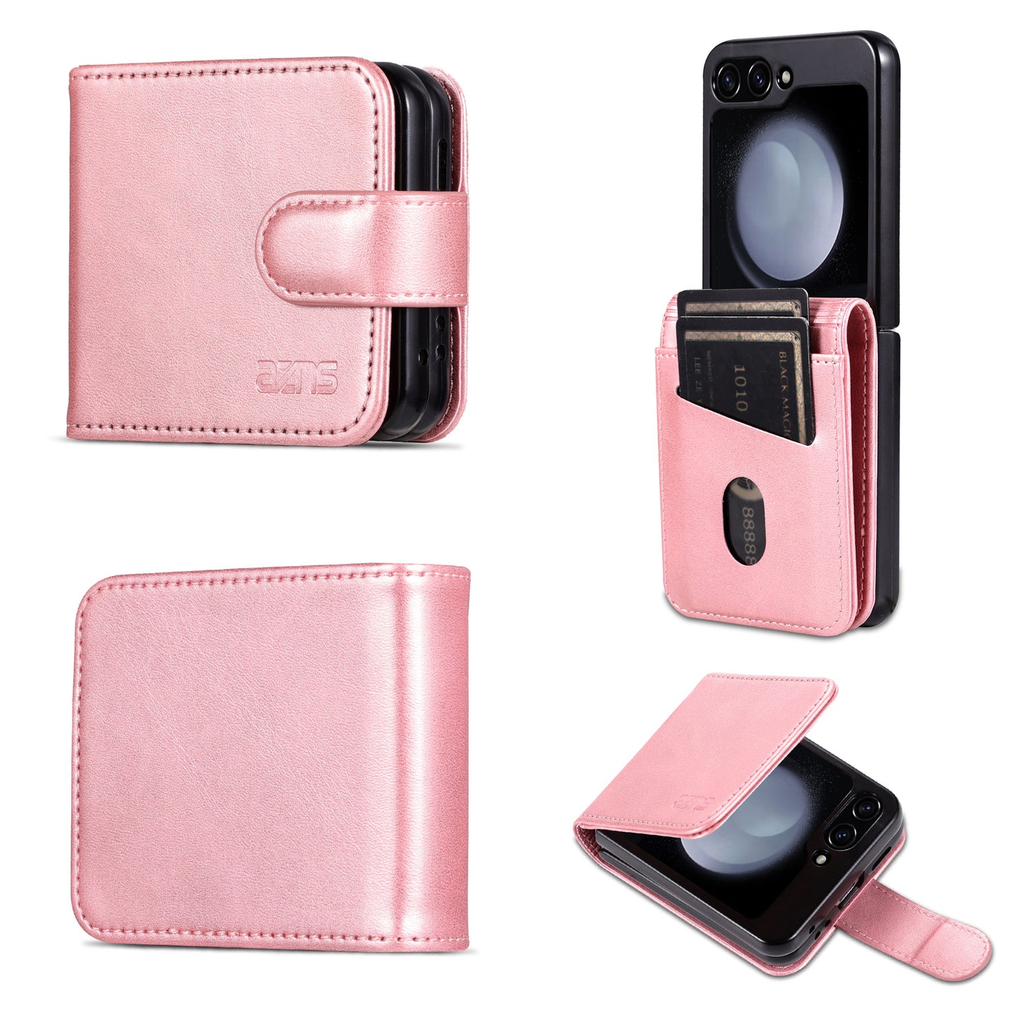 AZNS For Samsung Galaxy Z Flip6 5G Case Ultra Thin Leather Phone Cover with Card Holder - Rose Gold