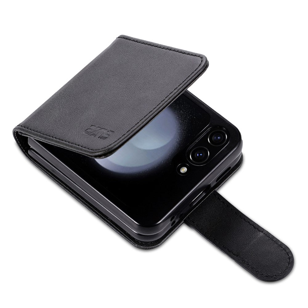 AZNS For Samsung Galaxy Z Flip7 FE 5G / Z Flip6 5G Case Ultra Thin Leather Phone Cover with Card Holder - Black