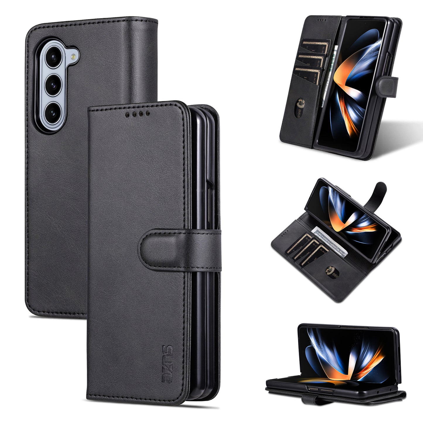 AZNS For Samsung Galaxy Z Fold6 5G Case PC Interior PU Leather Phone Cover Wallet - Black