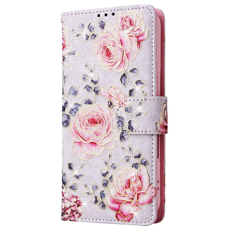 For iPhone 16 Case RFID Blocking Wallet Lacquered Design Mobile Phone Cover - Rose Flower