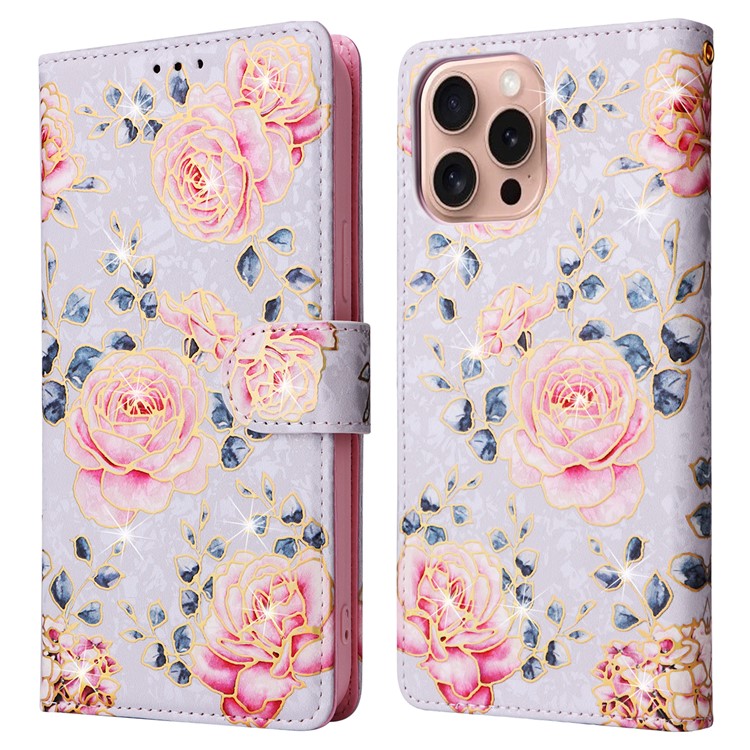 For iPhone 16 Pro Case Lacquered RFID Blocking Wallet PU Leather Stand Phone Cover - Rose Flower