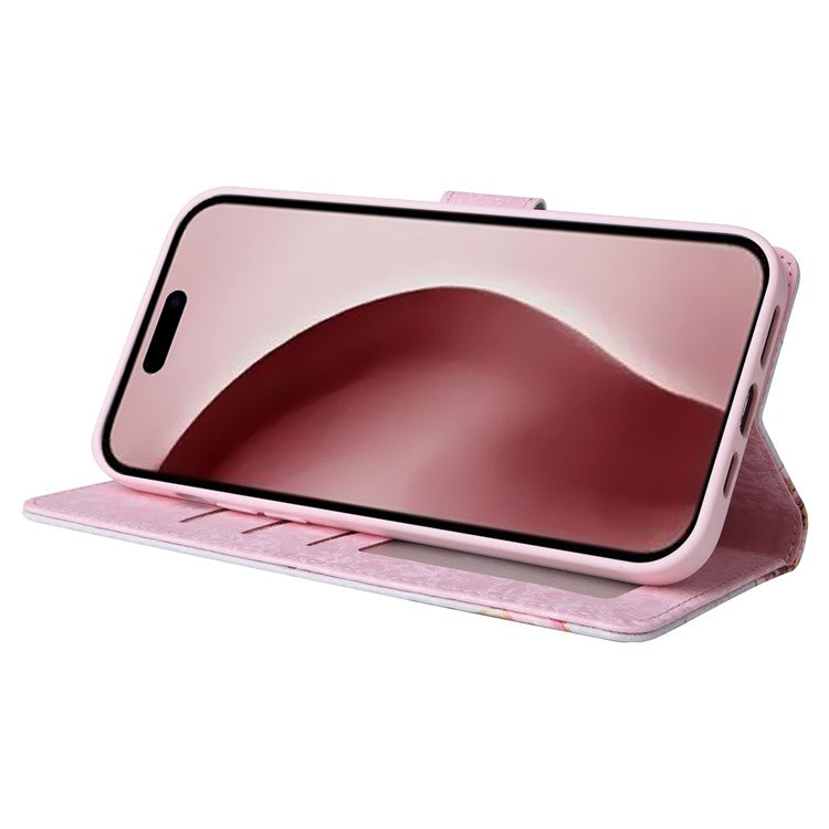 For iPhone 16 Pro Case Lacquered RFID Blocking Wallet PU Leather Stand Phone Cover - Rose Flower