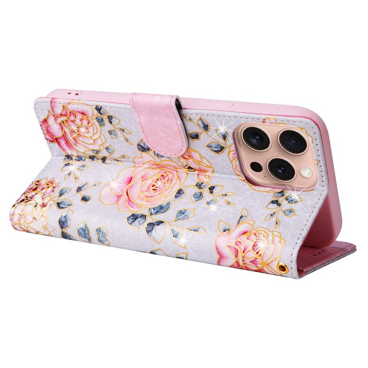 For iPhone 16 Pro Case Lacquered RFID Blocking Wallet PU Leather Stand Phone Cover - Rose Flower