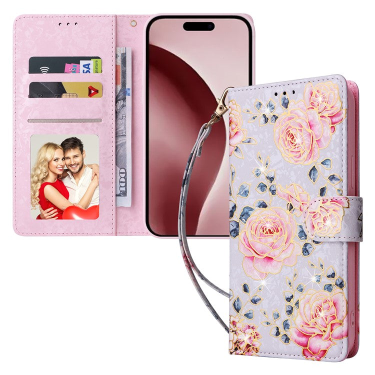 For iPhone 16 Pro Case Lacquered RFID Blocking Wallet PU Leather Stand Phone Cover - Rose Flower
