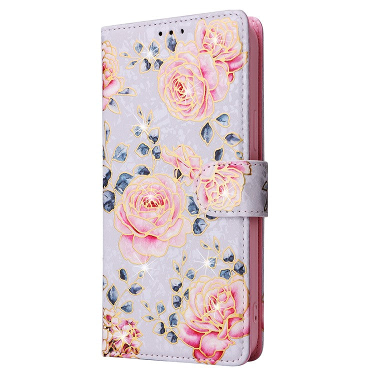 For iPhone 16 Pro Case Lacquered RFID Blocking Wallet PU Leather Stand Phone Cover - Rose Flower