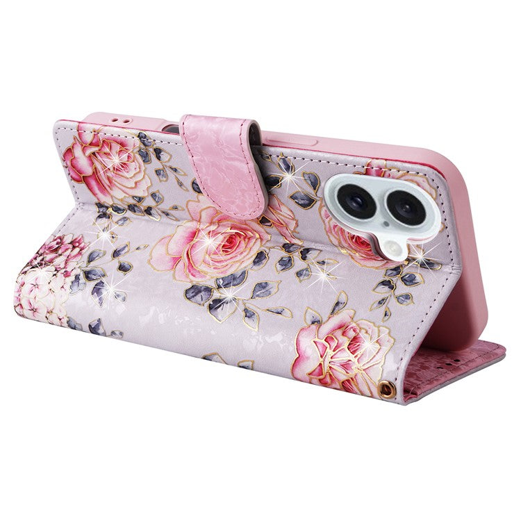 For iPhone 16 Plus Case Lacquered RFID Blocking Wallet Drop-proof PU Leather Phone Cover - Rose Flower