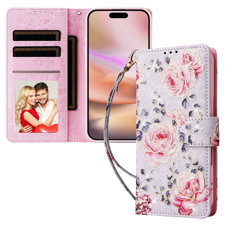 For iPhone 16 Plus Case Lacquered RFID Blocking Wallet Drop-proof PU Leather Phone Cover - Rose Flower