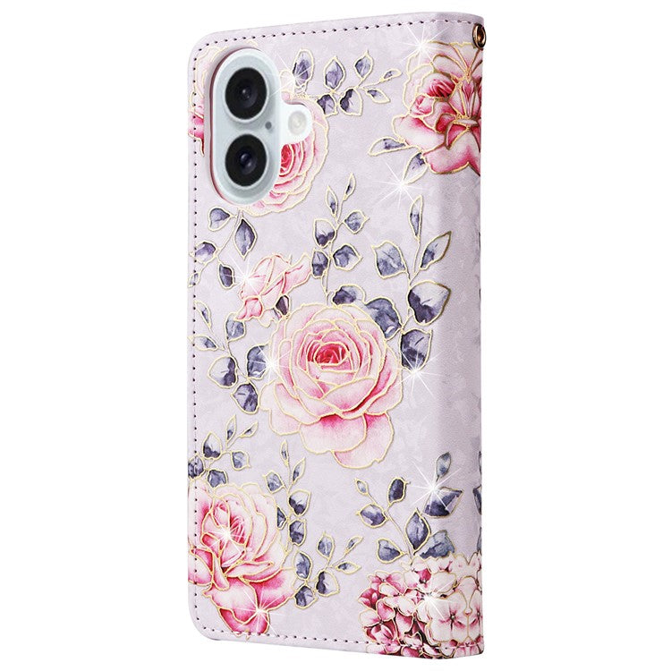 For iPhone 16 Plus Case Lacquered RFID Blocking Wallet Drop-proof PU Leather Phone Cover - Rose Flower