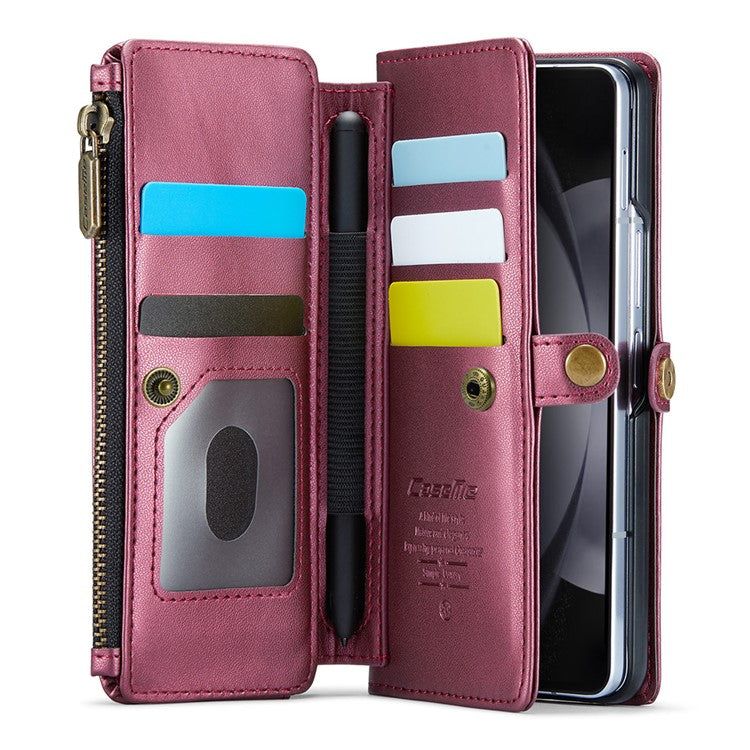 CASEME C36 Series For Samsung Galaxy Z Fold5 5G Case Zipper Leather Phone Bag with Pen Holder - Wine Red