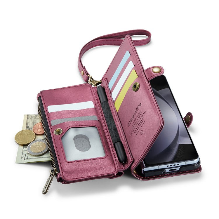 CASEME C36 Series For Samsung Galaxy Z Fold5 5G Case Zipper Leather Phone Bag with Pen Holder - Wine Red