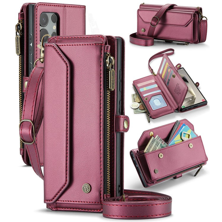 CASEME C36 Series For Samsung Galaxy S24 Ultra Case Leather Phone Bag with 10 Card Slots Wallet - Wine Red