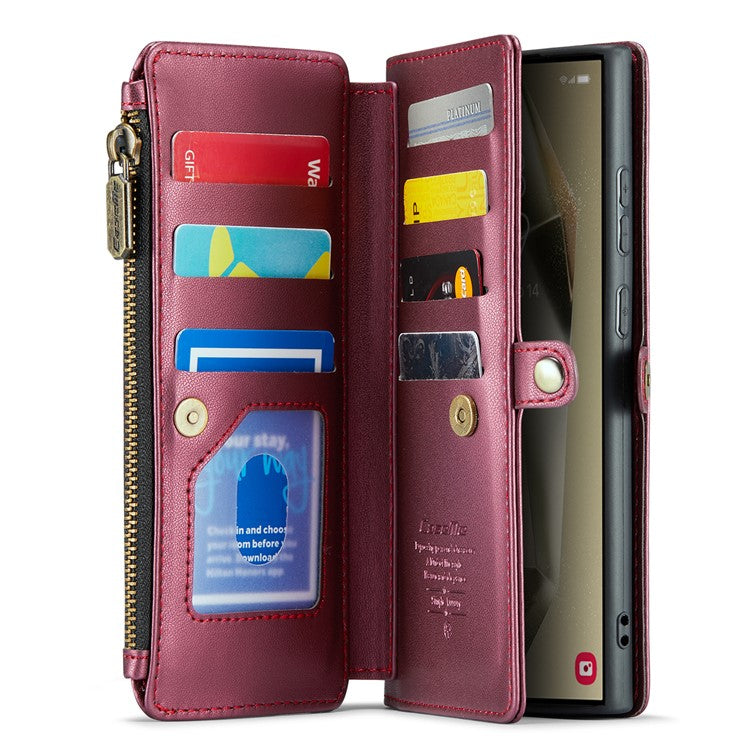 CASEME C36 Series For Samsung Galaxy S24 Ultra Case Leather Phone Bag with 10 Card Slots Wallet - Wine Red