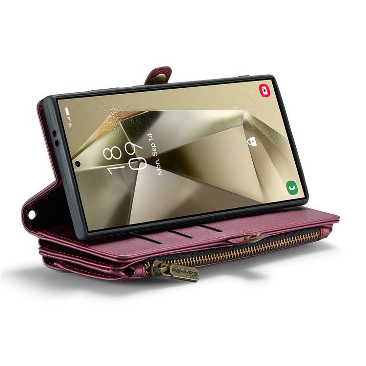 CASEME C36 Series For Samsung Galaxy S24 Ultra Case Leather Phone Bag with 10 Card Slots Wallet - Wine Red