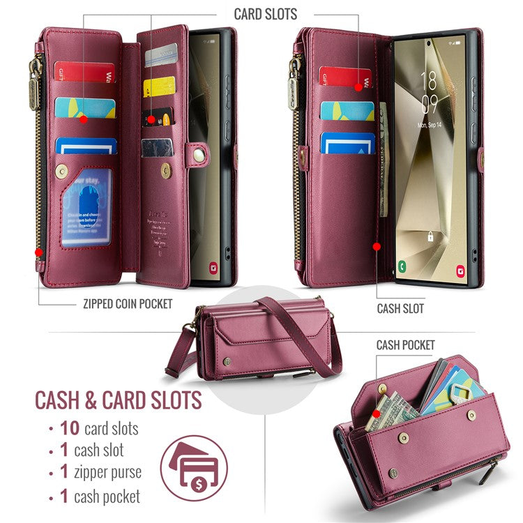 CASEME C36 Series For Samsung Galaxy S24 Ultra Case Leather Phone Bag with 10 Card Slots Wallet - Wine Red