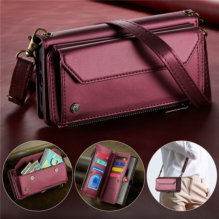 CASEME C36 Series For Samsung Galaxy S24 Ultra Case Leather Phone Bag with 10 Card Slots Wallet - Wine Red