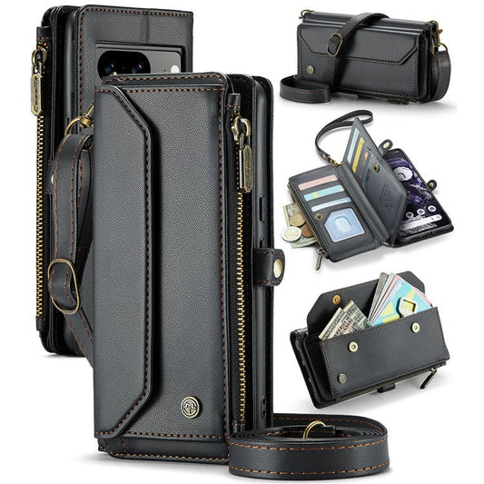 CASEME C36 Series For Google Pixel 8 Crossbody Case PU Leather Phone Cover Wallet RFID Blocking Protection - Black