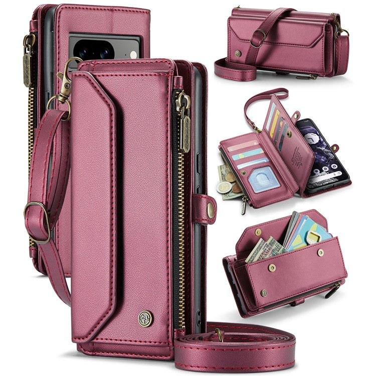 CASEME C36 Series For Google Pixel 8 Crossbody Case PU Leather Phone Cover Wallet RFID Blocking Protection - Wine Red