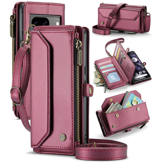 CASEME C36 Series For Google Pixel 8 Crossbody Case PU Leather Phone Cover Wallet RFID Blocking Protection - Wine Red