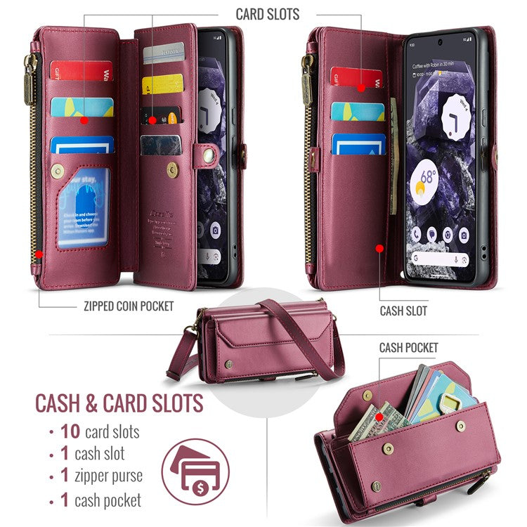 CASEME C36 Series For Google Pixel 8 Crossbody Case PU Leather Phone Cover Wallet RFID Blocking Protection - Wine Red