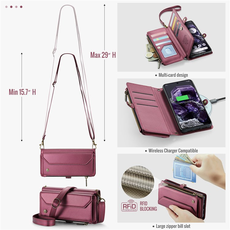 CASEME C36 Series For Google Pixel 8 Crossbody Case PU Leather Phone Cover Wallet RFID Blocking Protection - Wine Red