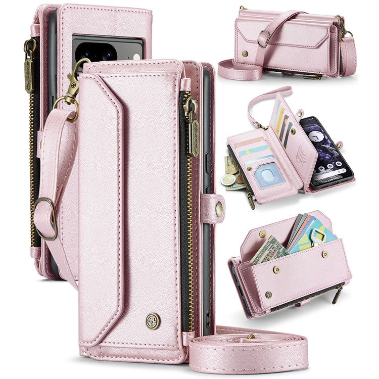 CASEME C36 Series For Google Pixel 8 Crossbody Case PU Leather Phone Cover Wallet RFID Blocking Protection - Pink