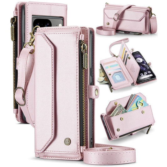 CASEME C36 Series For Google Pixel 8 Crossbody Case PU Leather Phone Cover Wallet RFID Blocking Protection - Pink