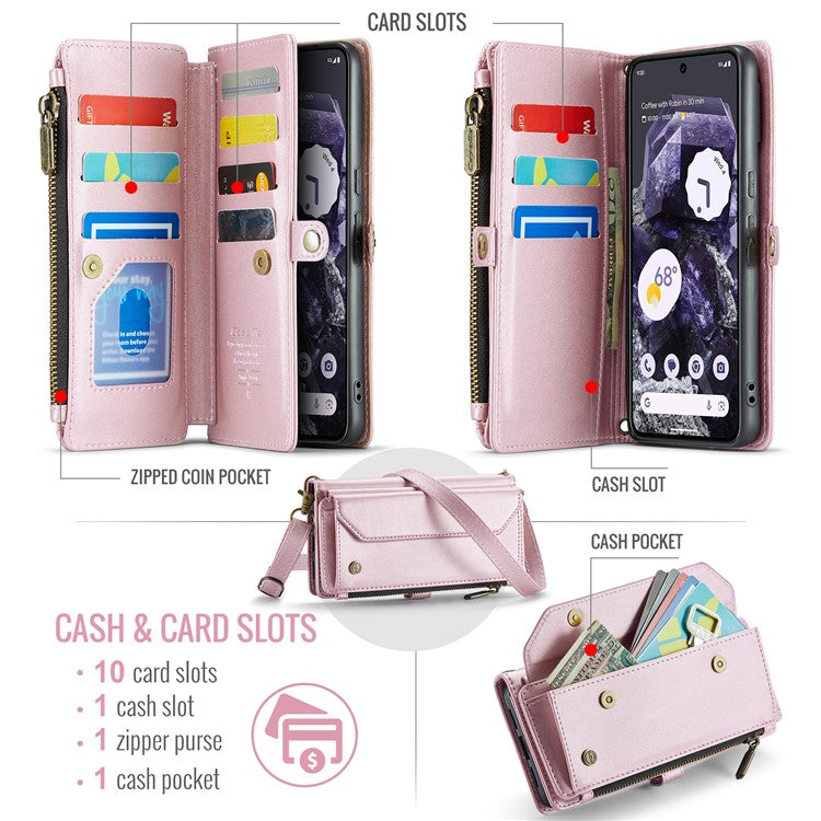 CASEME C36 Series For Google Pixel 8 Crossbody Case PU Leather Phone Cover Wallet RFID Blocking Protection - Pink