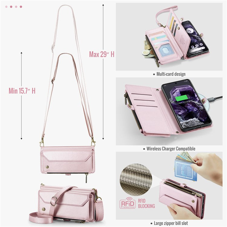 CASEME C36 Series For Google Pixel 8 Crossbody Case PU Leather Phone Cover Wallet RFID Blocking Protection - Pink