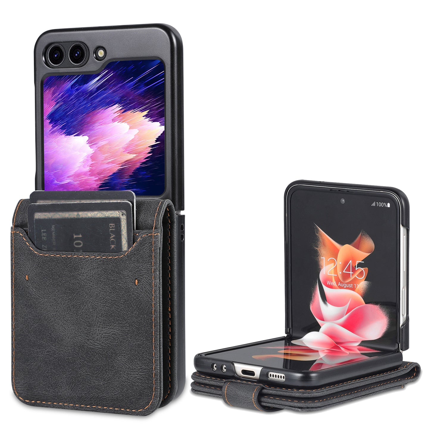 AZNS For Samsung Galaxy Z Flip6 5G Case Card Slots PU Leather Folding Phone Cover - Black