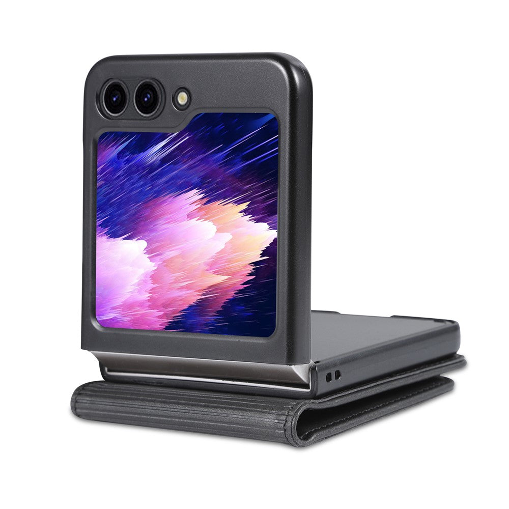 AZNS For Samsung Galaxy Z Flip7 FE 5G / Z Flip6 5G Case Card Holder PU Leather Phone Cover Cowhide Texture - Black