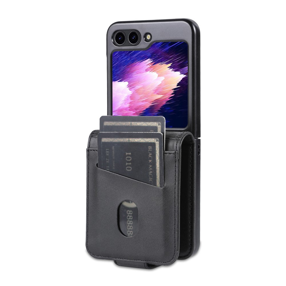 AZNS For Samsung Galaxy Z Flip7 FE 5G / Z Flip6 5G Case Card Holder PU Leather Phone Cover Cowhide Texture - Black