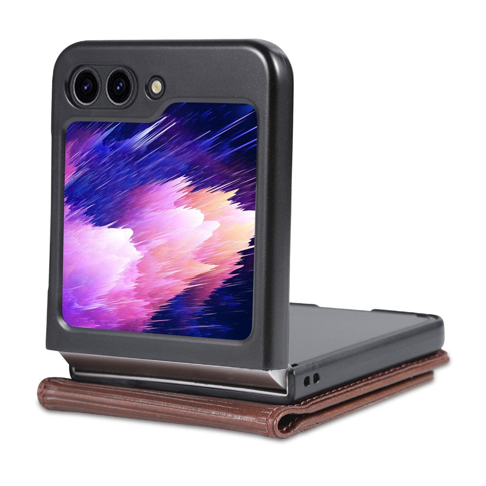 AZNS For Samsung Galaxy Z Flip7 FE 5G / Z Flip6 5G Case Card Holder PU Leather Phone Cover Cowhide Texture - Coffee