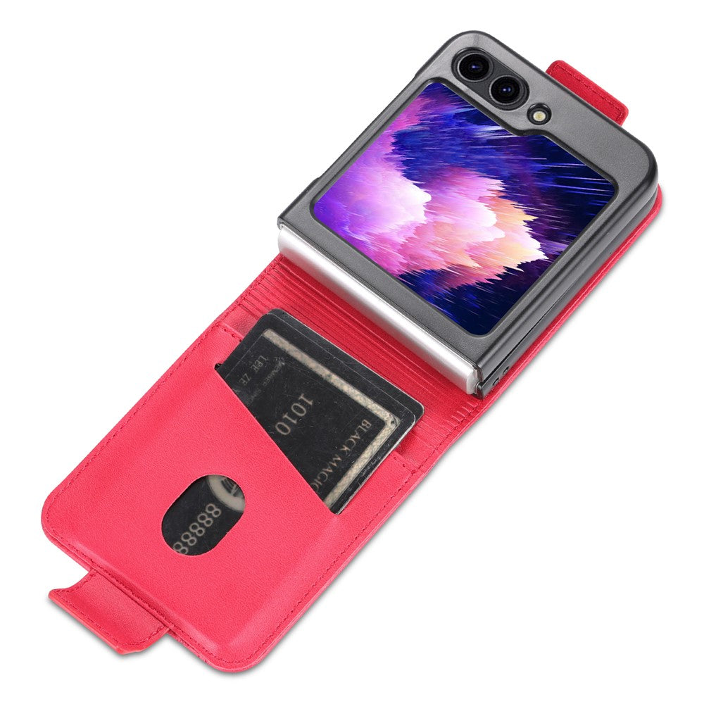 AZNS For Samsung Galaxy Z Flip7 FE 5G / Z Flip6 5G Case Card Holder PU Leather Phone Cover Cowhide Texture - Red