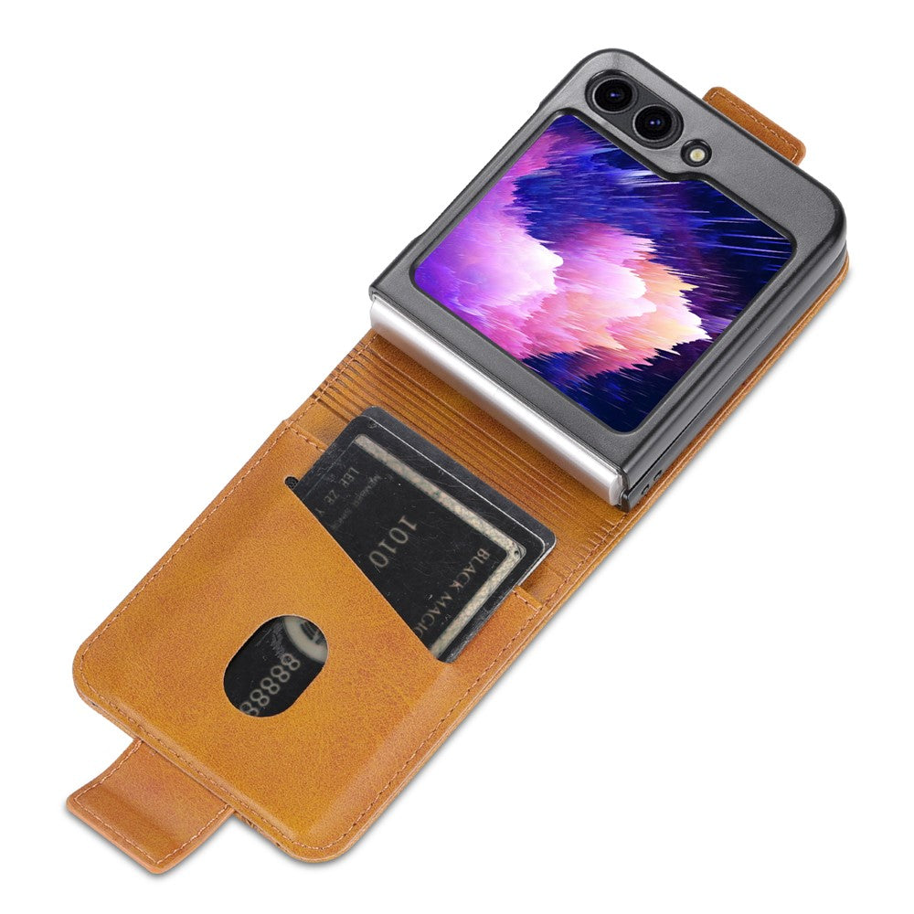 AZNS For Samsung Galaxy Z Flip7 FE 5G / Z Flip6 5G Case Card Holder PU Leather Phone Cover Cowhide Texture - Brown