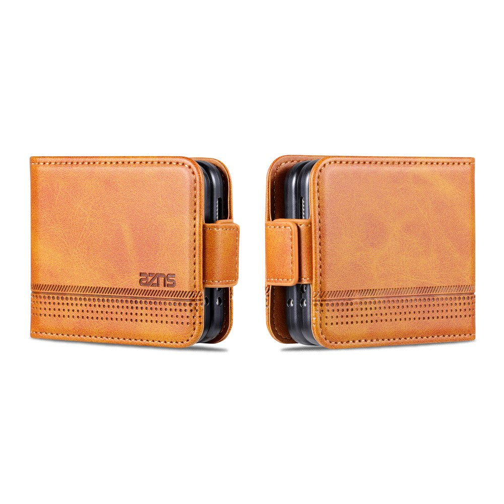 AZNS For Samsung Galaxy Z Flip7 FE 5G / Z Flip6 5G Case Card Holder PU Leather Phone Cover Cowhide Texture - Brown