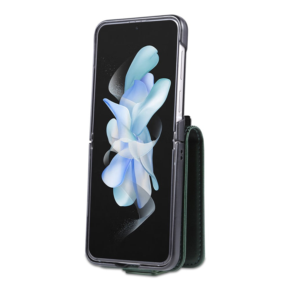 AZNS For Samsung Galaxy Z Flip7 FE 5G / Z Flip6 5G Case Card Holder PU Leather Phone Cover Cowhide Texture - Green